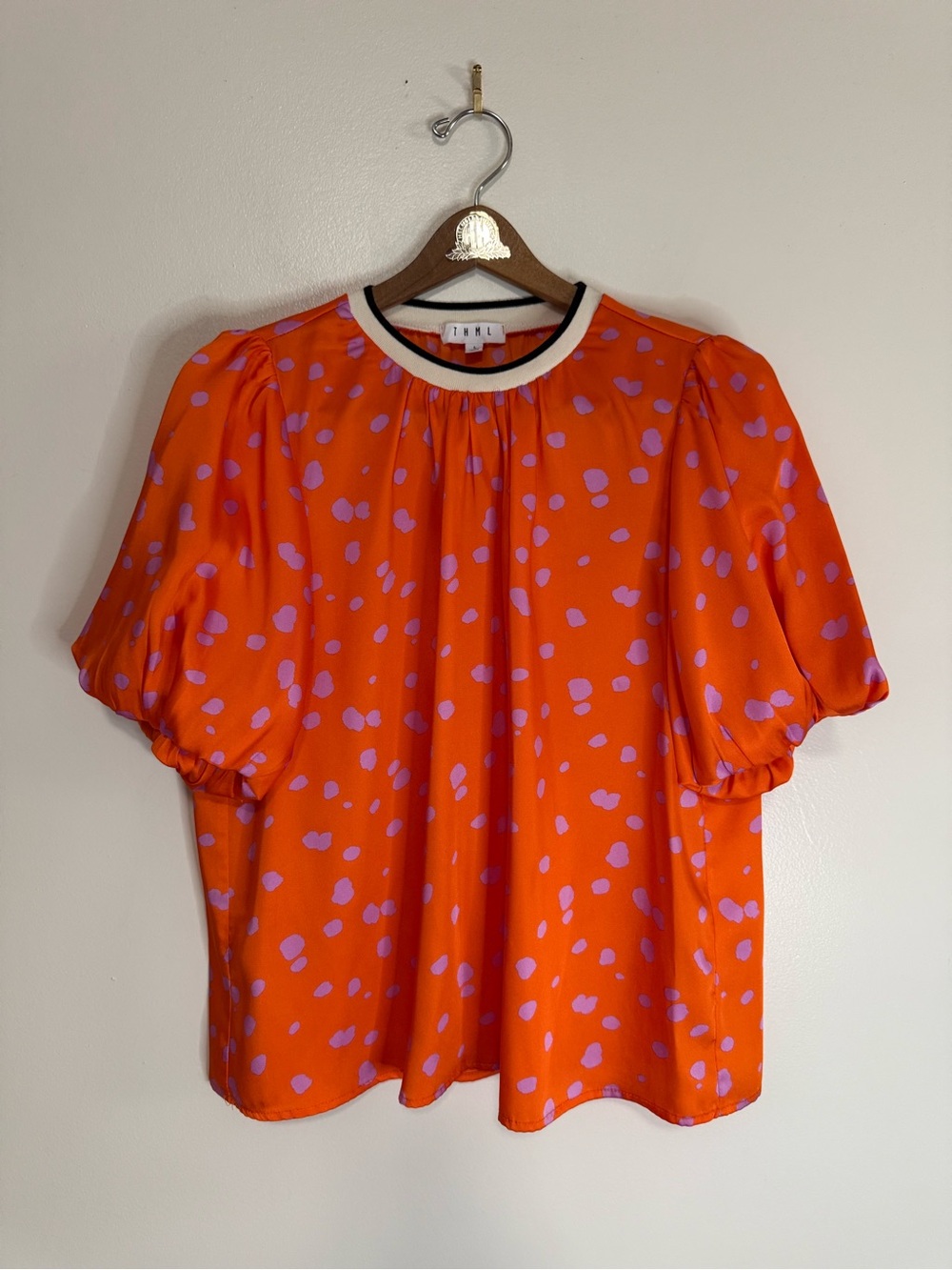 THML Orange Puff-Sleeve Blouse with purple Dot Print size large